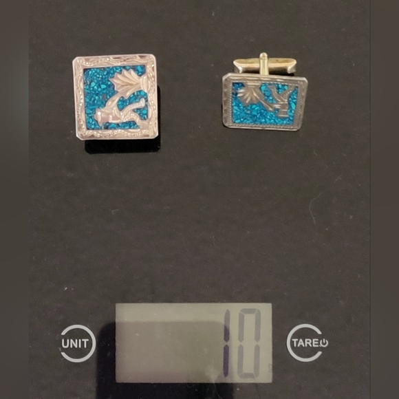 (SOLD) Vintage Alpaca 925 Silver Green Turquoise Inlay Cufflinks Mexico - Picture 6 of 7